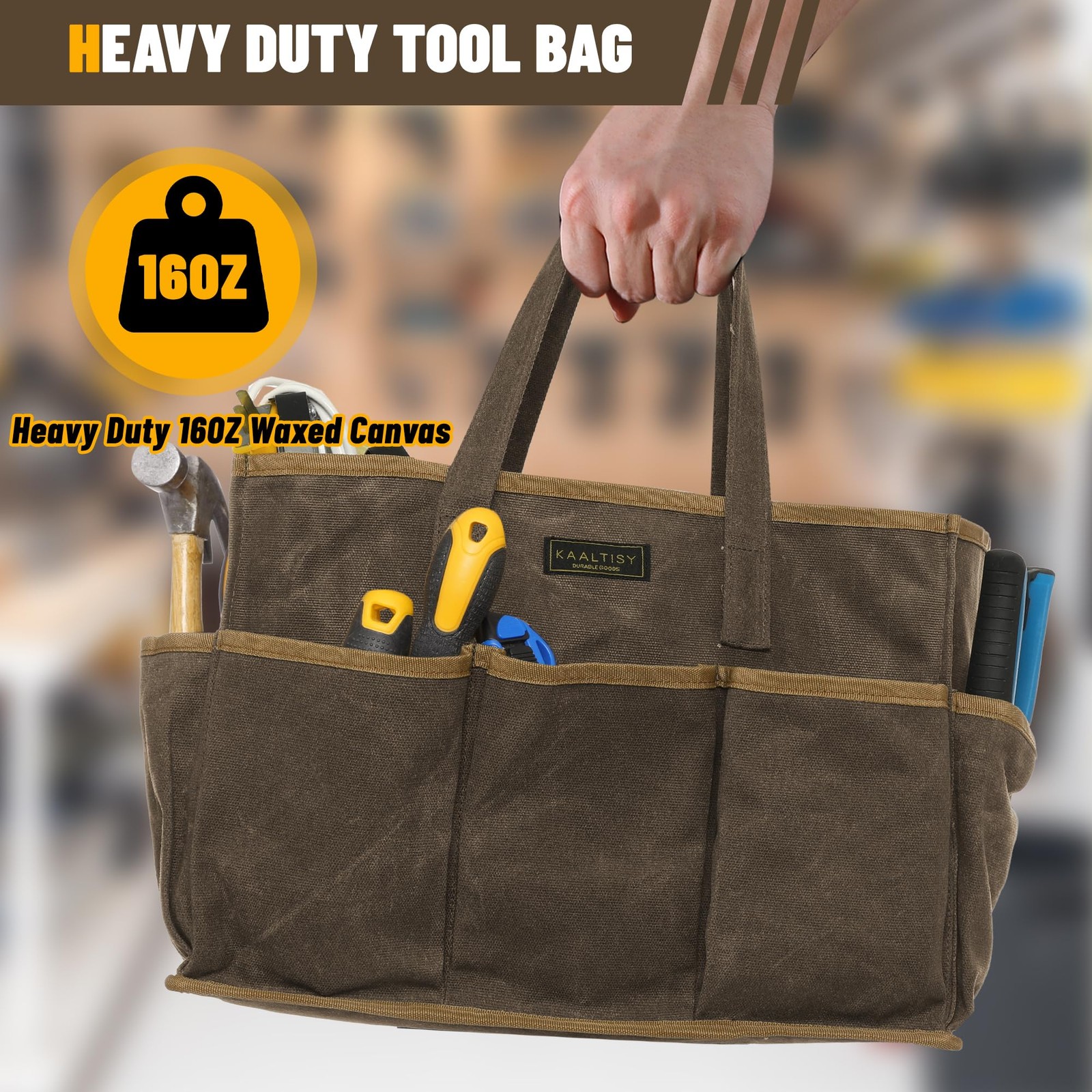 16OZ Waxed Canvas Tool Tote Bag for Garden Tools 14 x 5.5 x 10.5 inches, Grey
