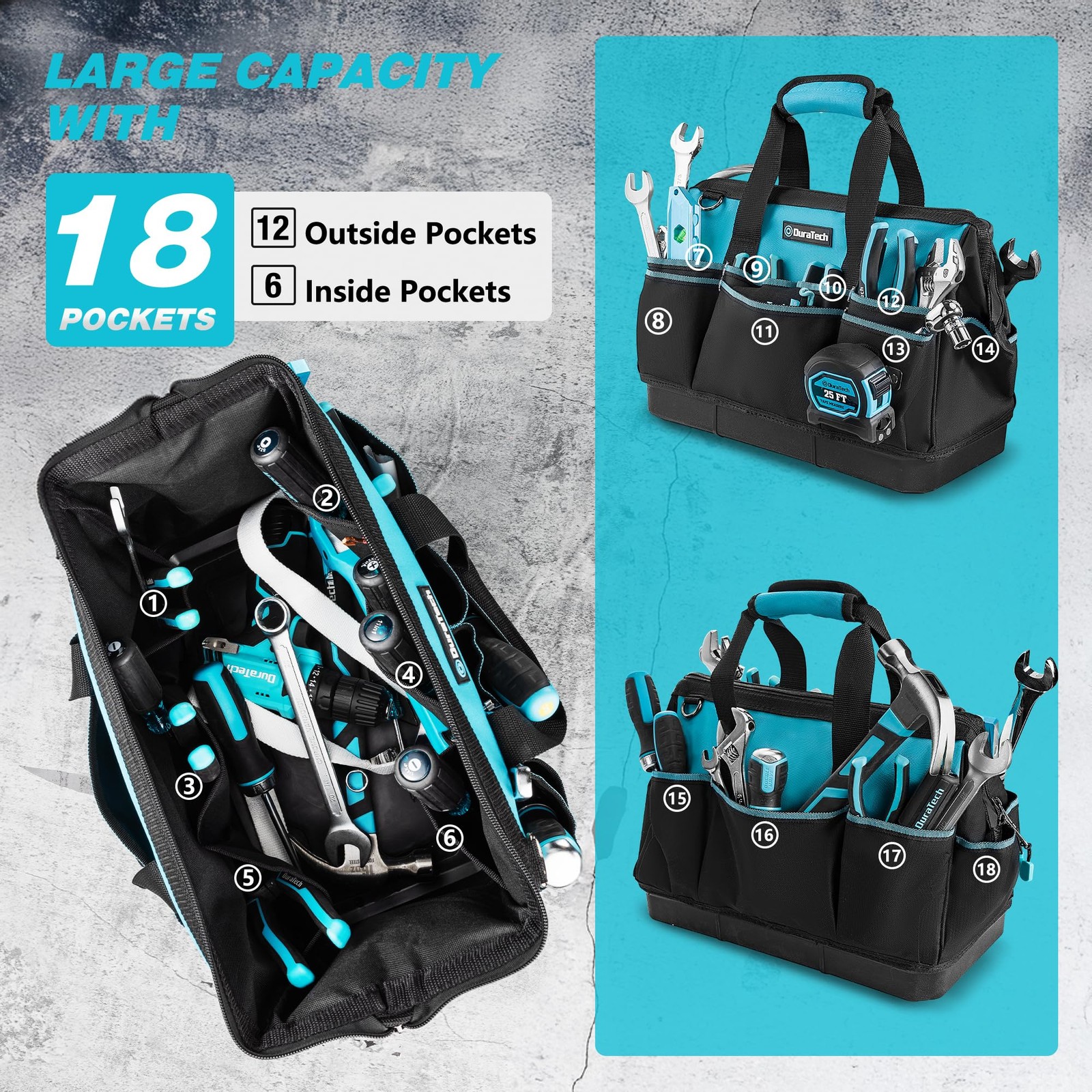 DURATECH 16-Inch Heavy Duty Tool Bag with Waterproof Hard 16 Inch, Blue