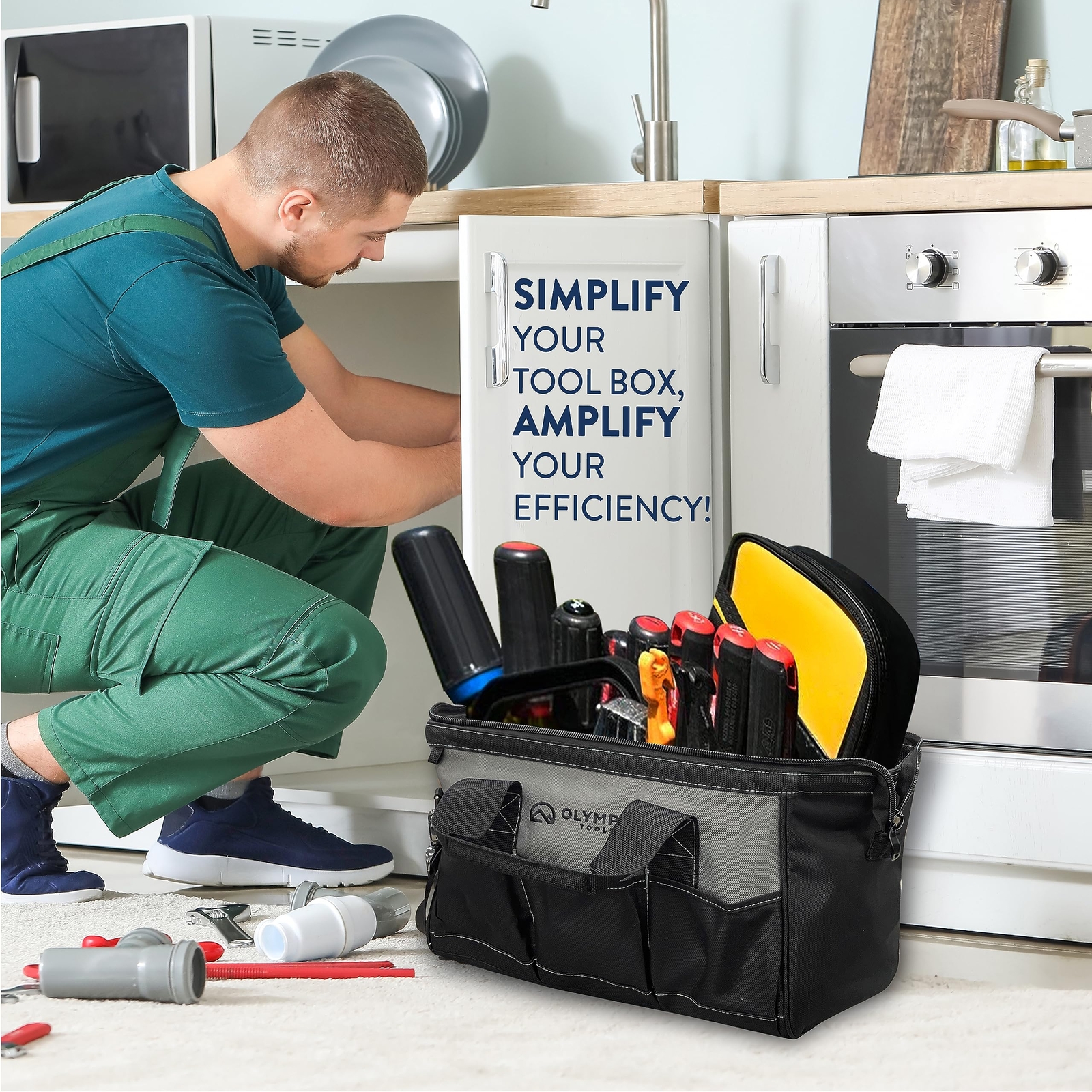 15 Inch Heavy Duty Tool Bag with 8 Pockets Adjustable Shoulder Strap