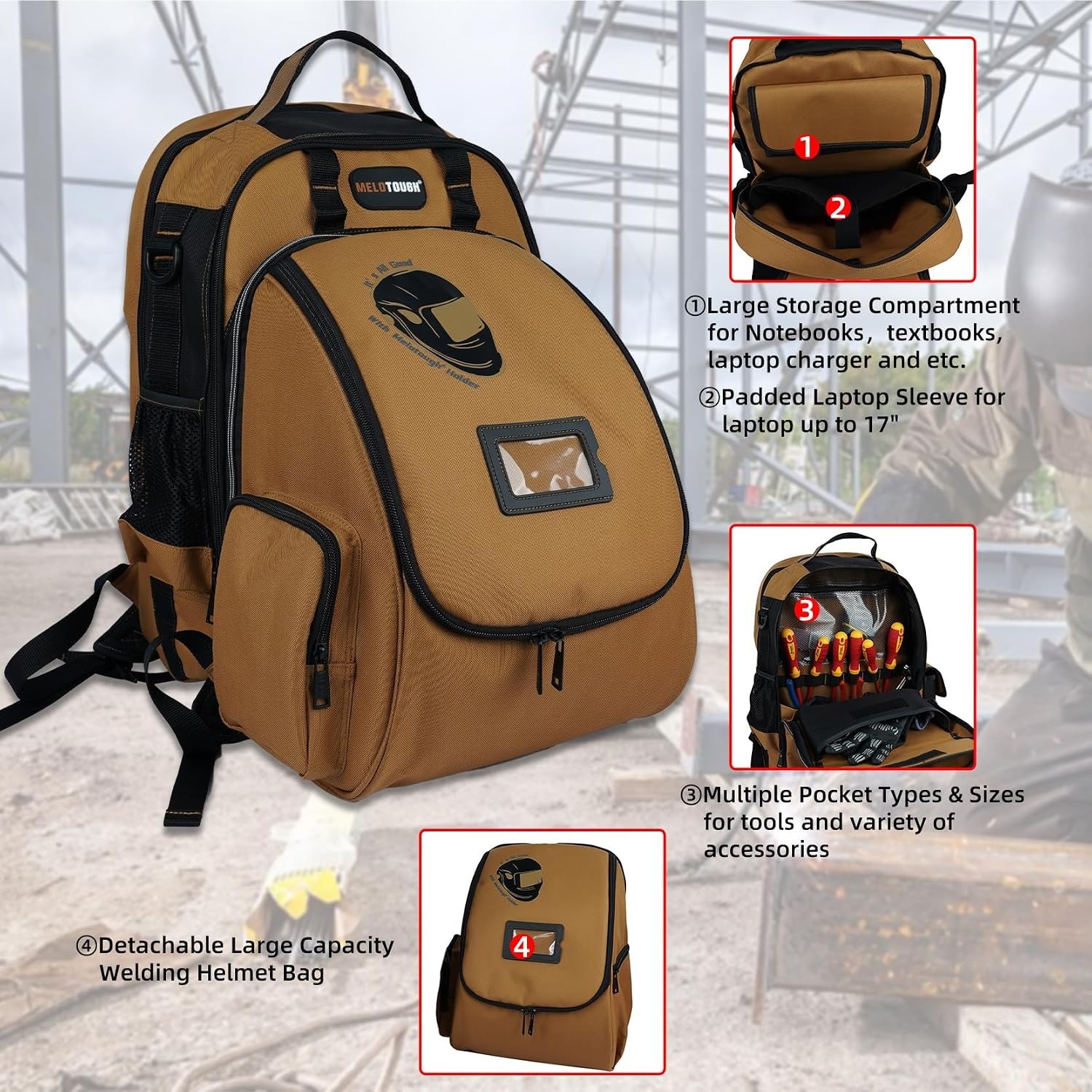 Military-Grade Welding Tool Backpack with Large Capacity Helmet Bag in Brown