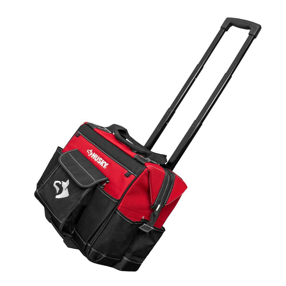 14 in. Zipper Top Rolling Water Resistant Tool Tote Bag in Red with 13 total