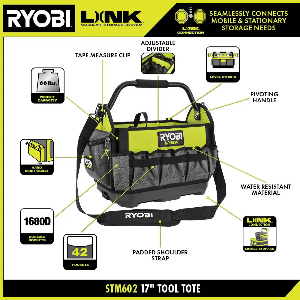 NEW Durable Portable and Compatible with RYOBI LINK System Tool Bag 42 Pockets