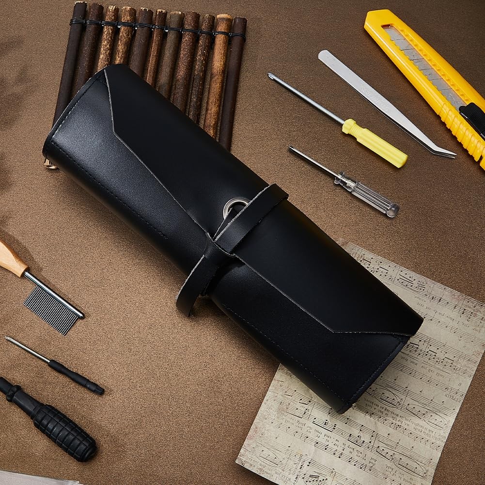 Leather Tool Roll Up Pouch 25.5cm Black Hand Tools Pouch Multi-Purpose Small …