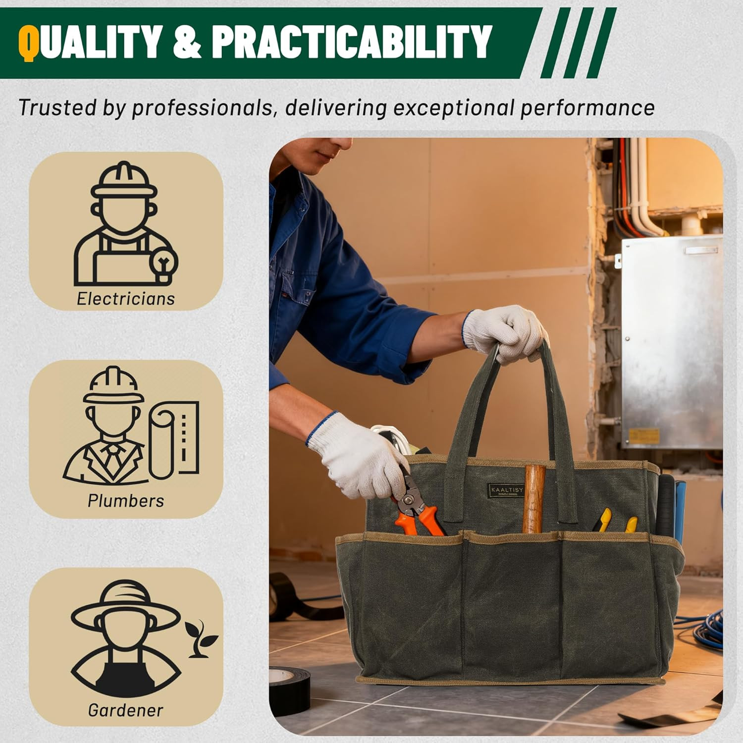 Tool Tote Bag, Heavy Duty 16Oz Waxed Canvas Garden Tool Bag | Portable 11-Pocket