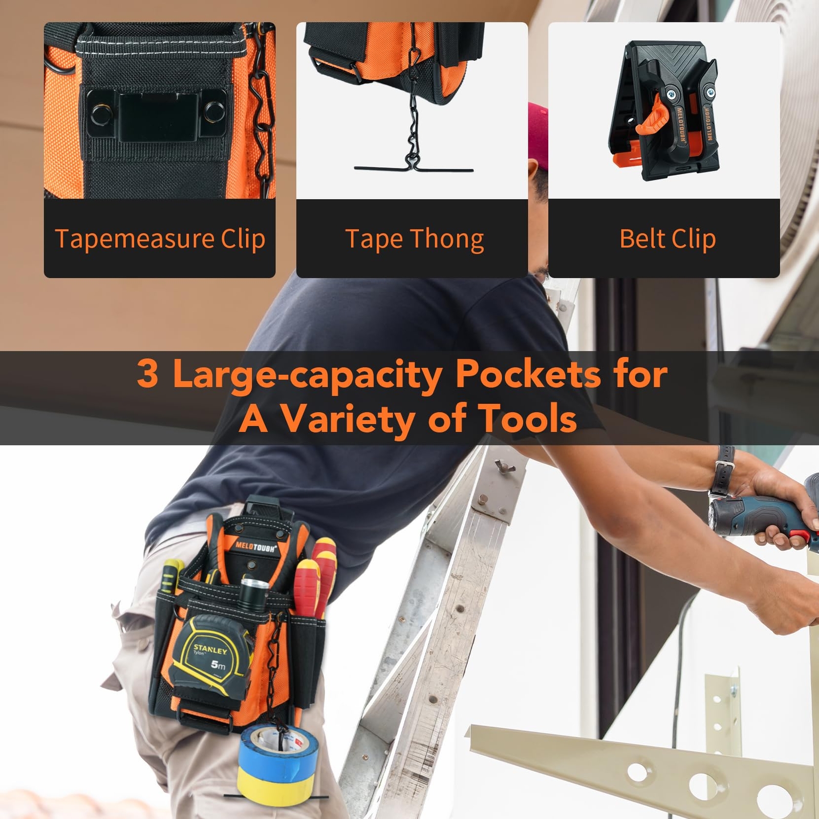 Small Electrician Tool Pouch Tool Belt Pouch with Belt Clip Attachment 9 Pock…