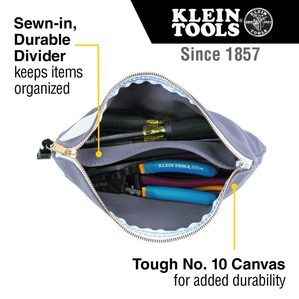 Klein Tools 55578 Zipper Bag with Divider, No. 10 Canvas, 7-Inch x Gray