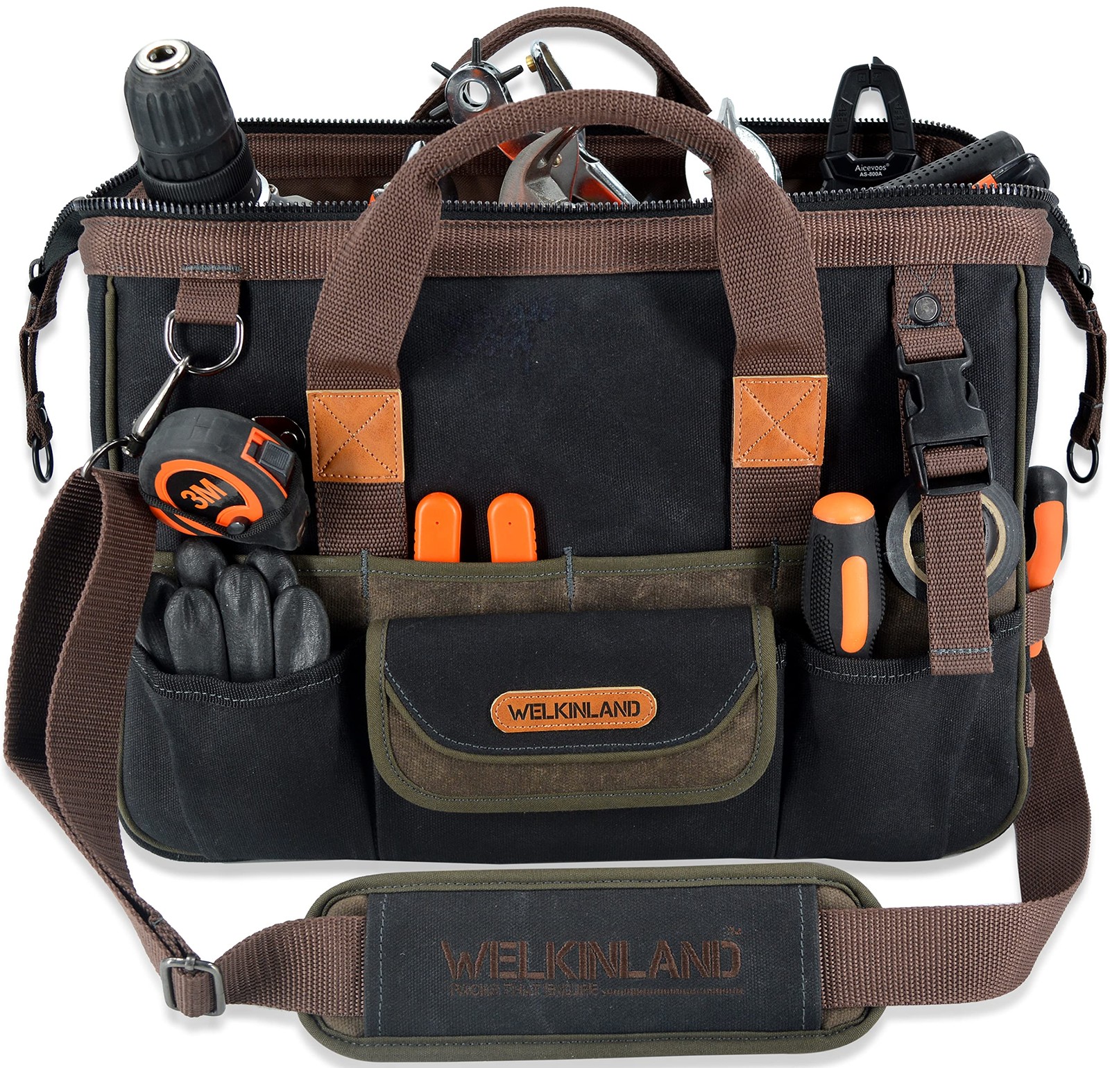 WELKINLAND 32-Pockets Waxed Canvas tool bag Heavy-Duty Electrician tools bag