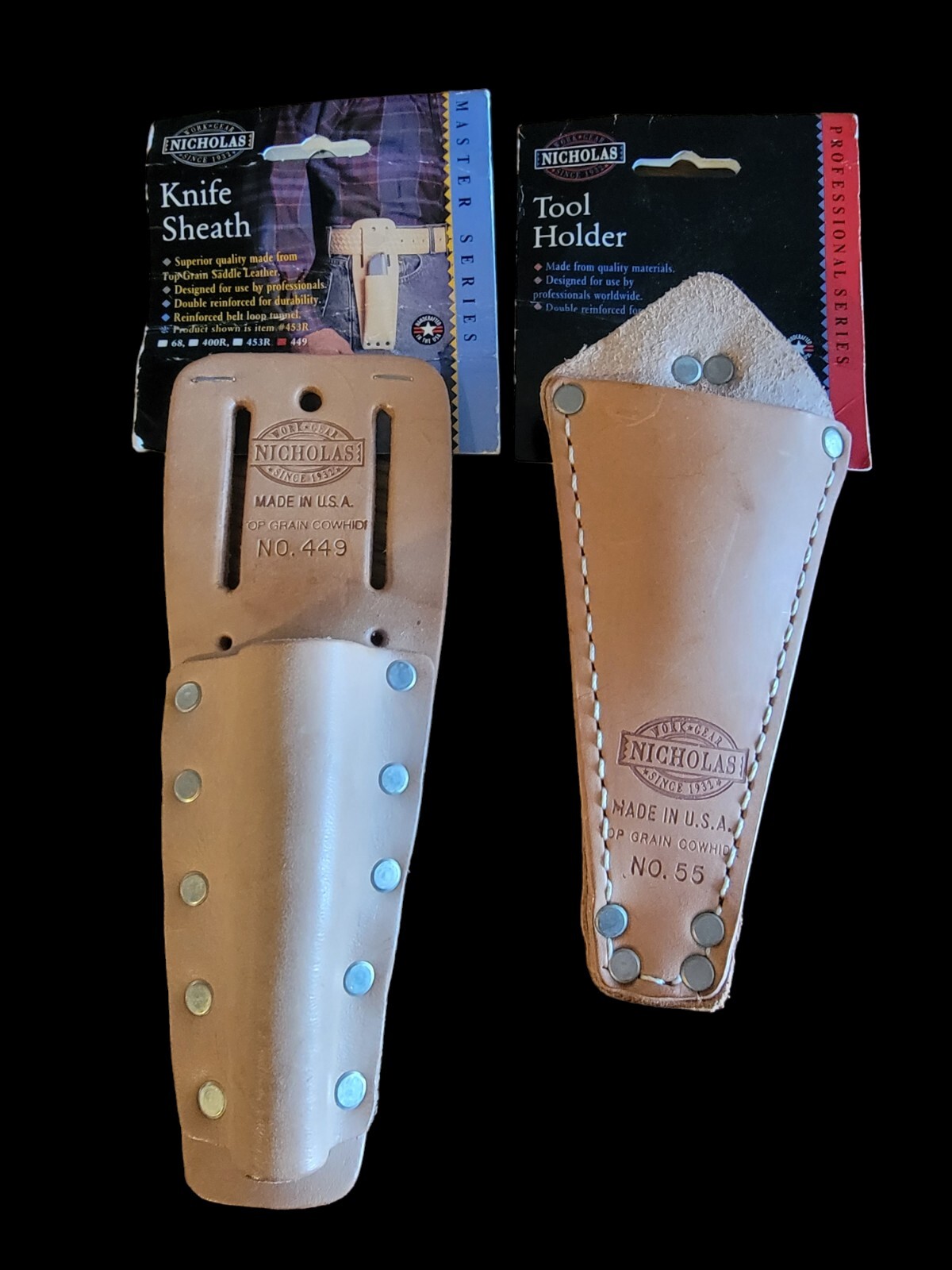 2 Vintage Nicholas Work Gear Leather Tool Belt Cowhide USA – 449 & 55 Sheath