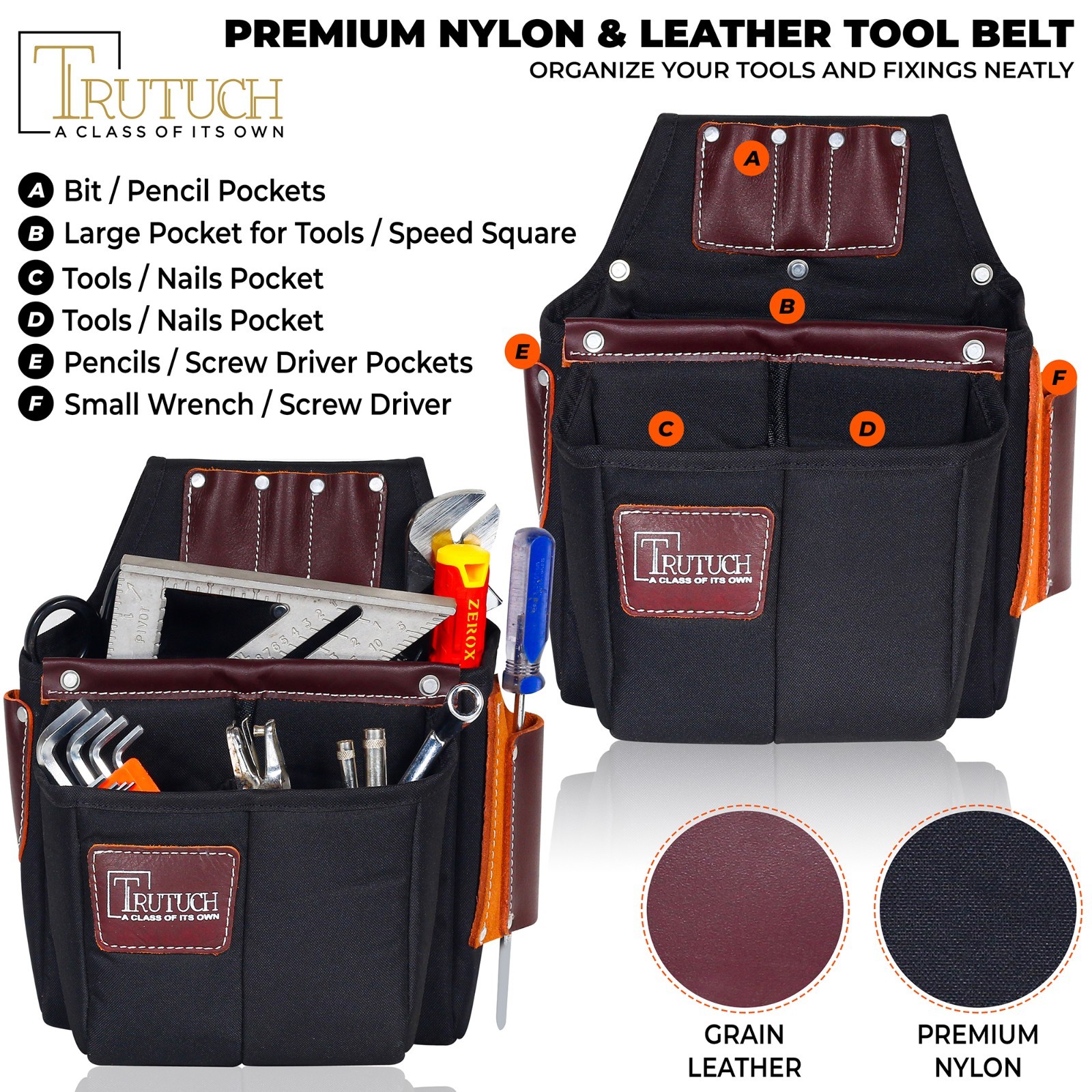 TRUTUCH Nylon and Leather Tool Belt | Framing Tool Bags | Nylon Tool Pouch