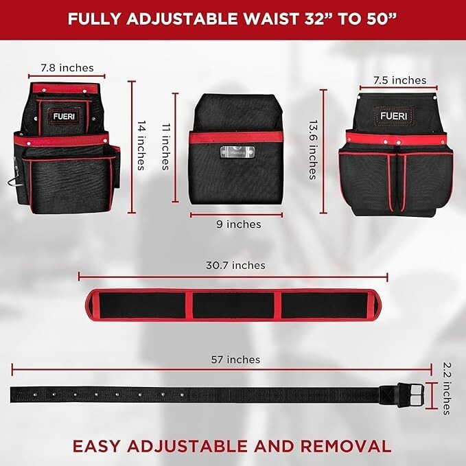 FUERI Cordura Tool Belt for Carpenters Heavy Duty Adjustable Tool Pouch Bag