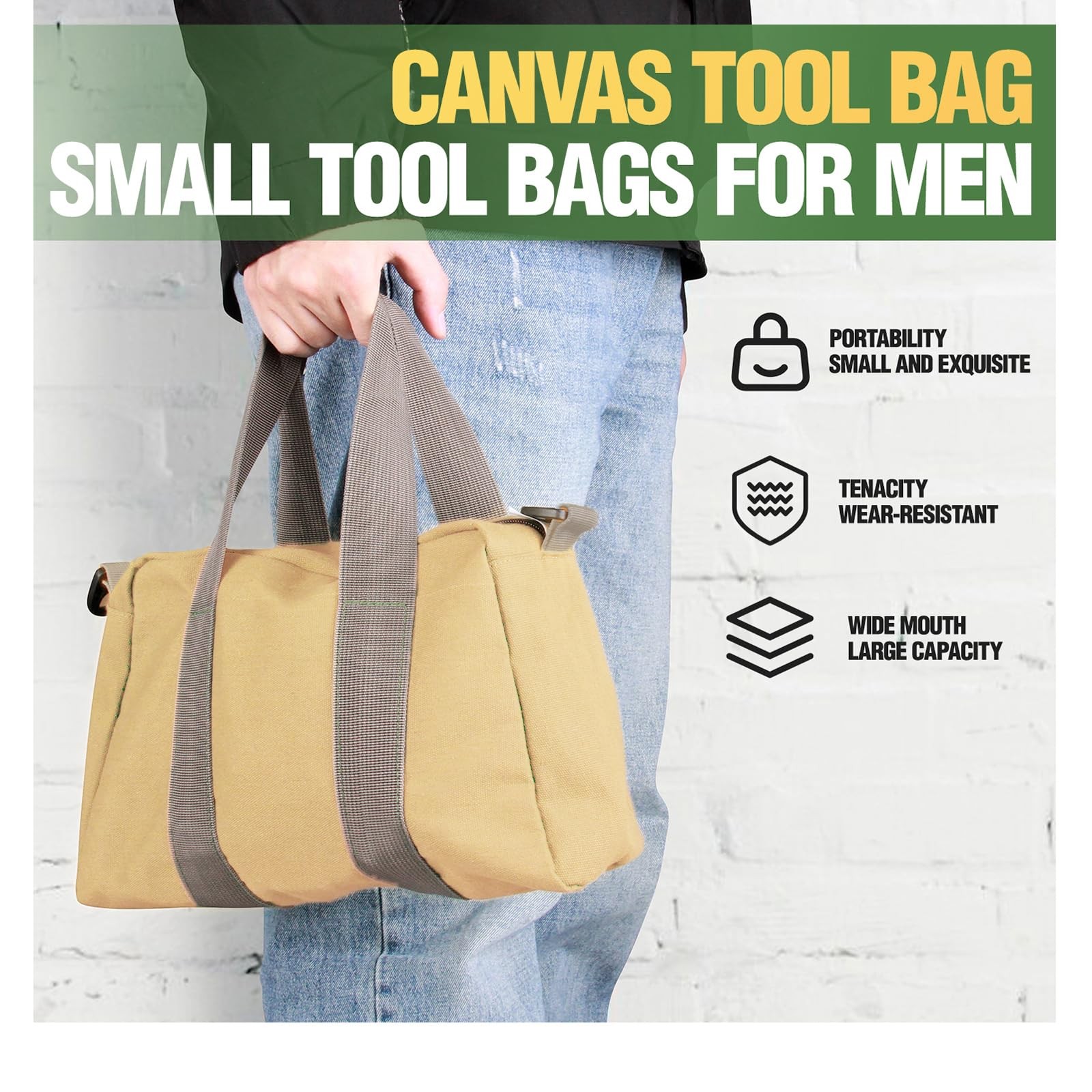 Small Tool Bag, Canvas Storage Large Capacity 13 Inch, khaki