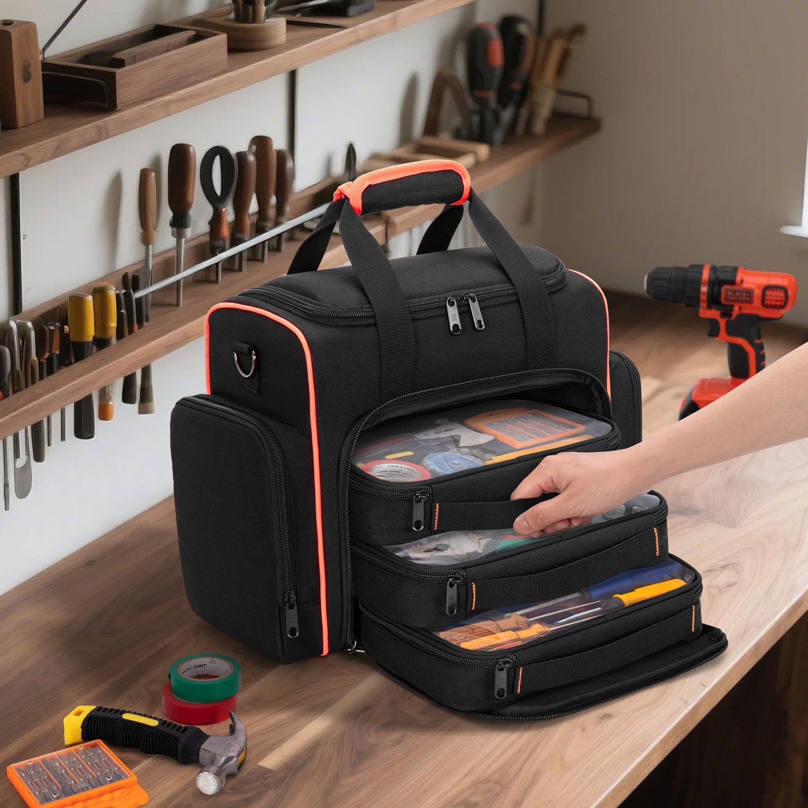 Marscamd Tool Bag with 3 11.5 x 6.5 x 11 inches, Black Red Binding