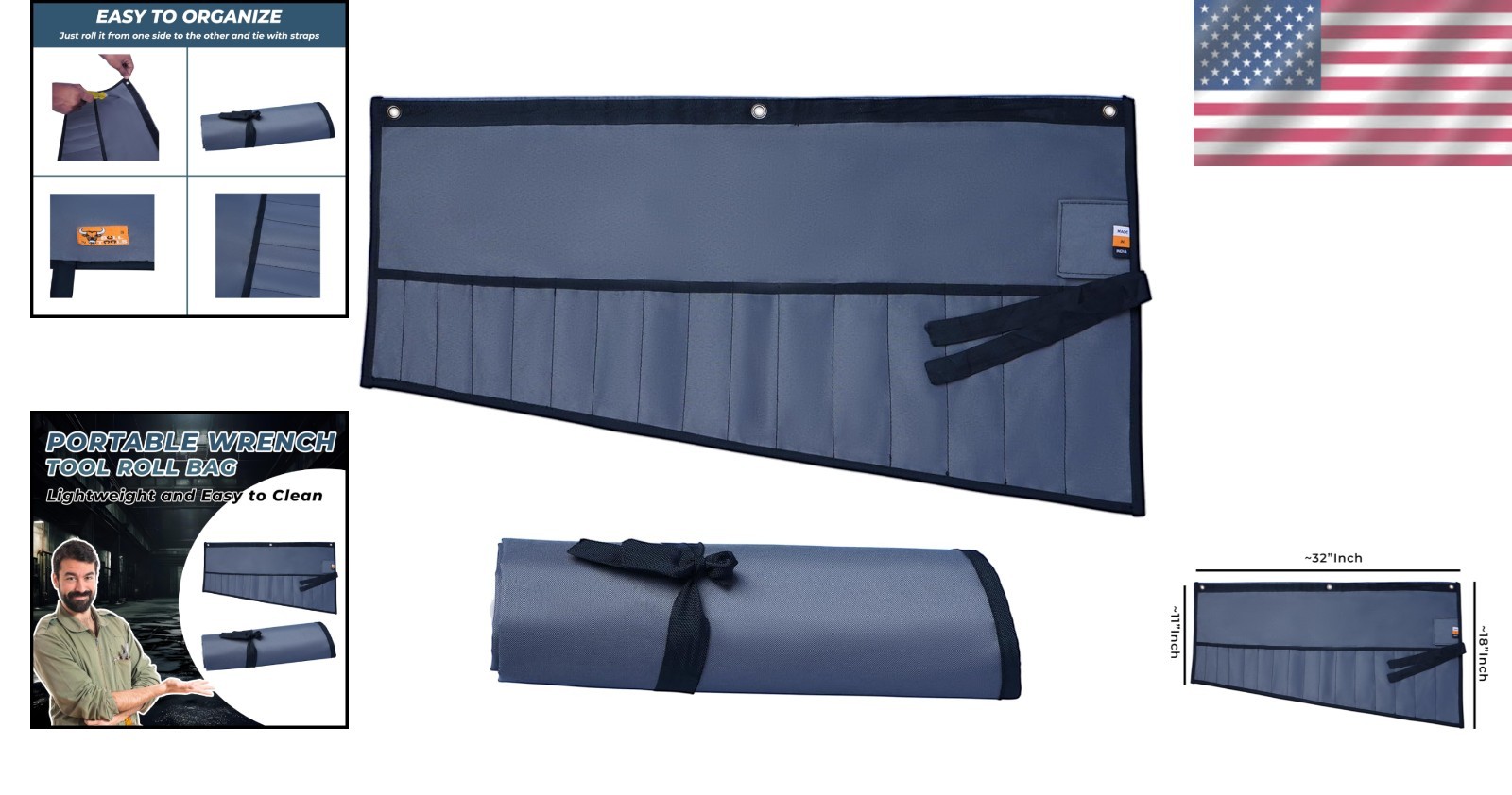Wrench Roll Organizer Metric & SAE Roll up Tool Pouch Bag Handmade, Heavy Weight