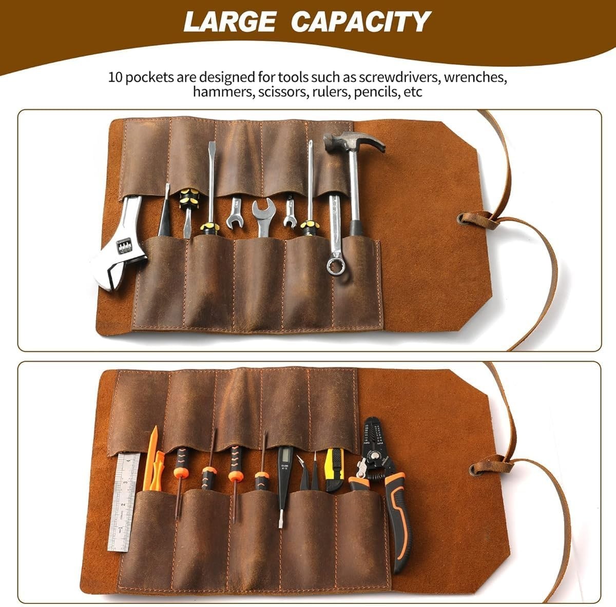 Leather Tool Roll Up Pouch 10 Slots Leather Tool Wrench Roll/Chisel Bag Portable