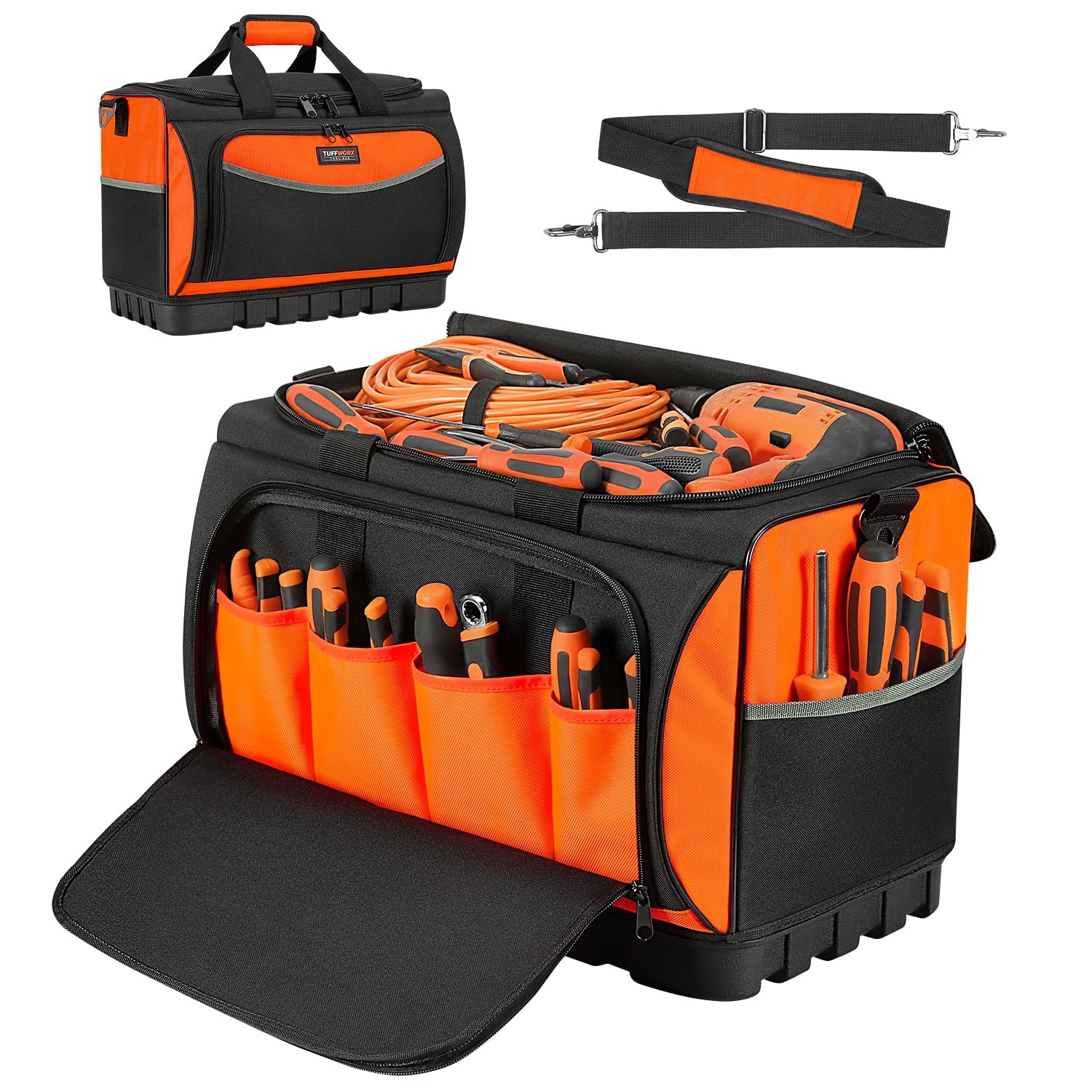 17.7×12.6×11 Inch 18 Pocket Wide Mouth Tool Bag Waterproof Base Black Orange