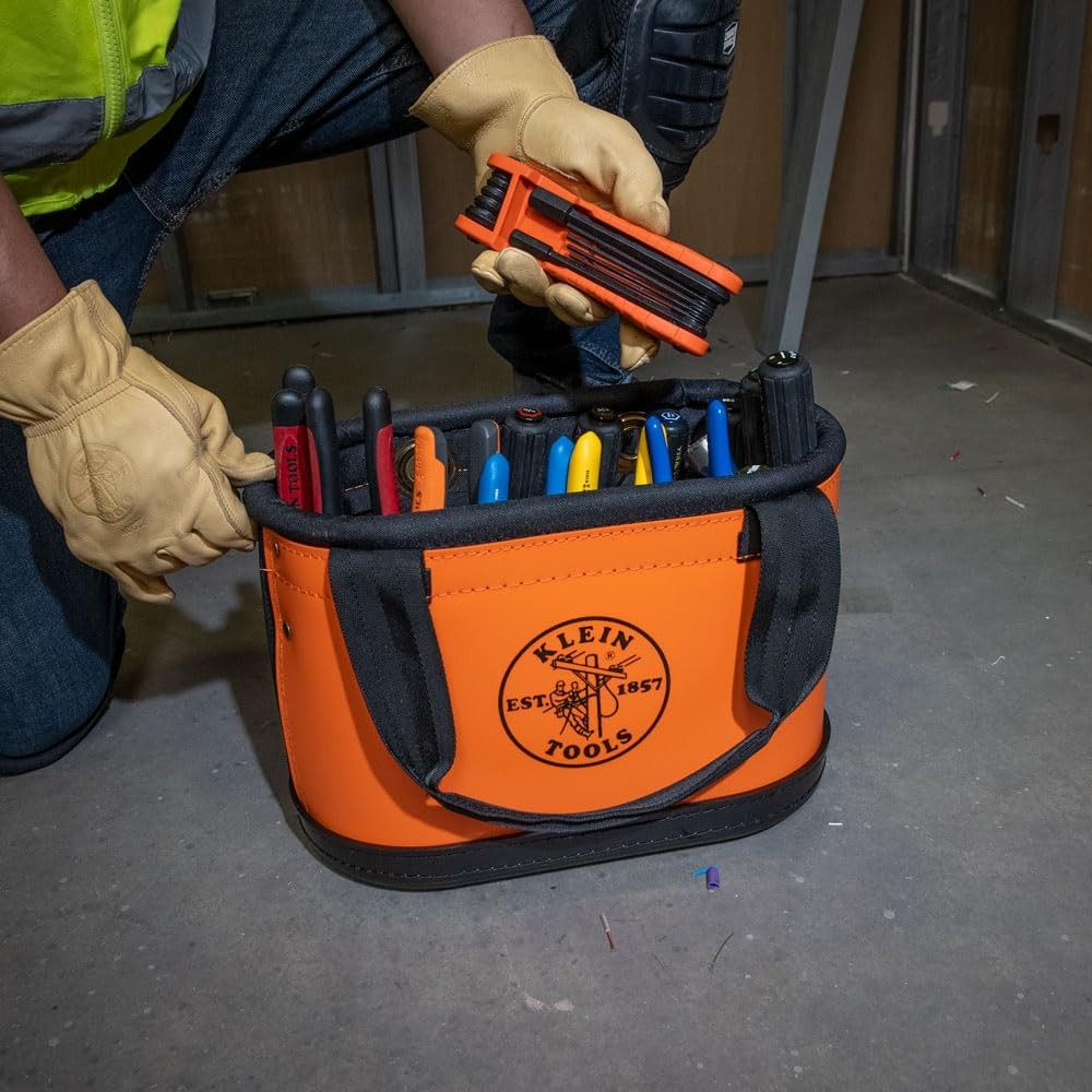 Klein Tools Hard Body Oval Bucket With Knife Sheath 14 Pockets Orange Black