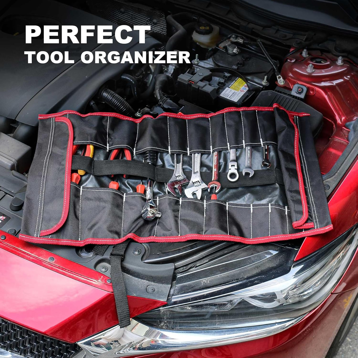 Black Tool Roll Organizer Bag Heavy Duty Water Resistant 600D Polyester
