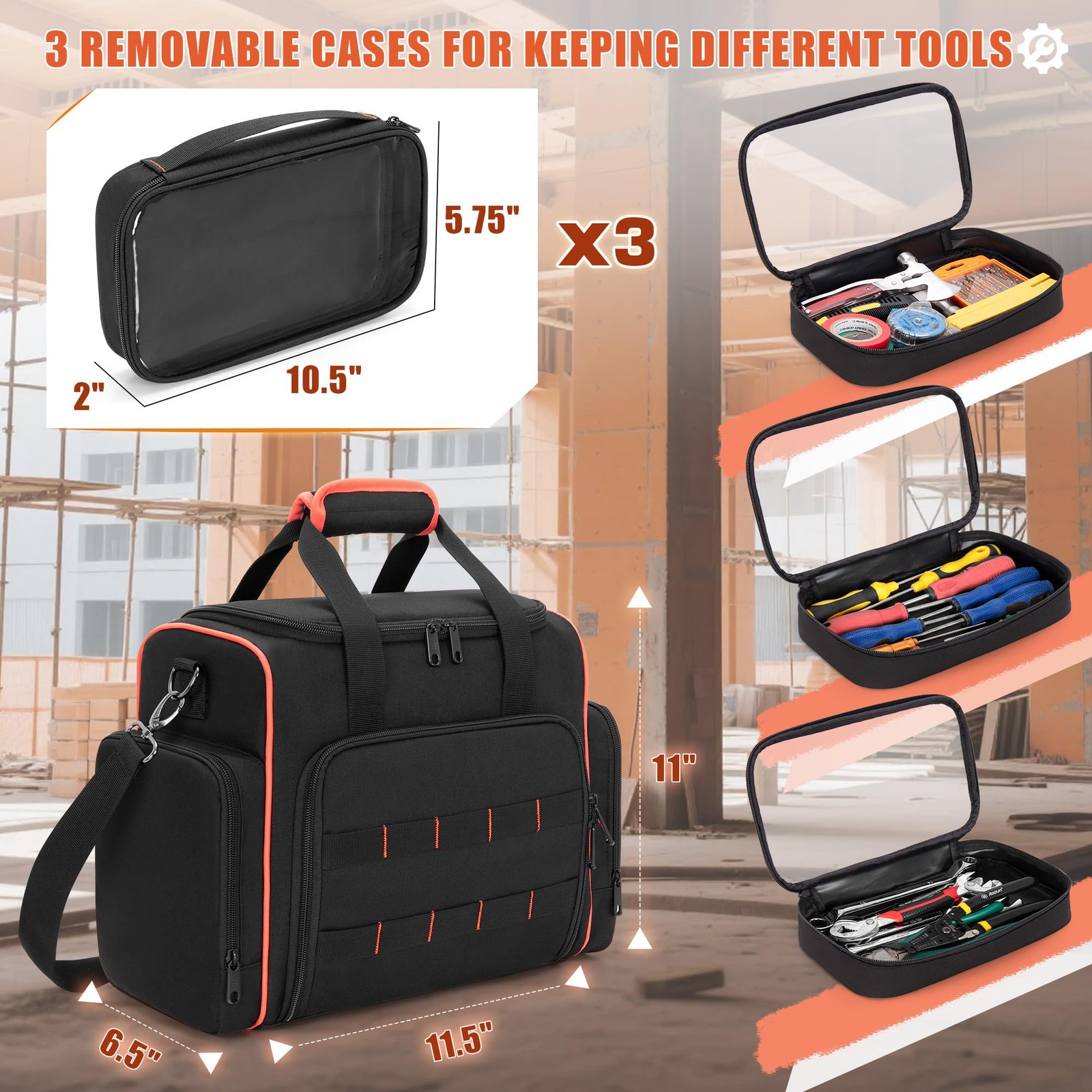 Marscamd Tool Bag with 3 11.5 x 6.5 x 11 inches, Black Red Binding