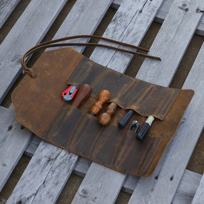 TOURBON Vintage Leather Roll Craft Tool Organizer Workshop Knife Carrier Bag