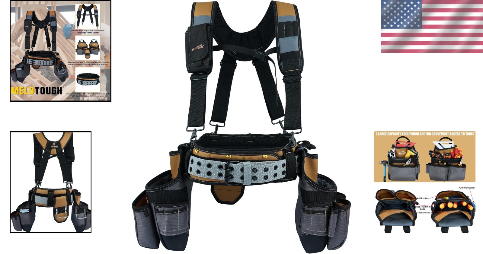 Adjustable 28-Pocket Tool Rig with Heavy Duty Suspenders for Craftsmen – Khaki