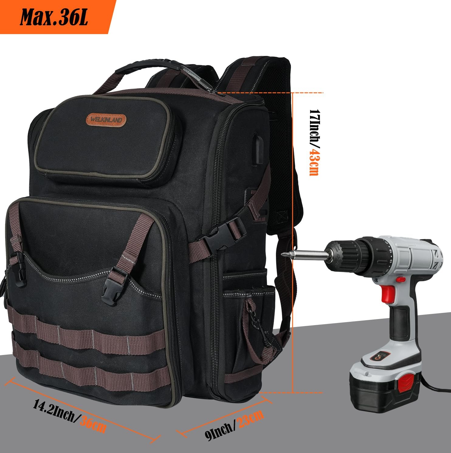 WELKINLAND 46-Pockets Electrician Backpack, Full-Open Tool Brown & Black