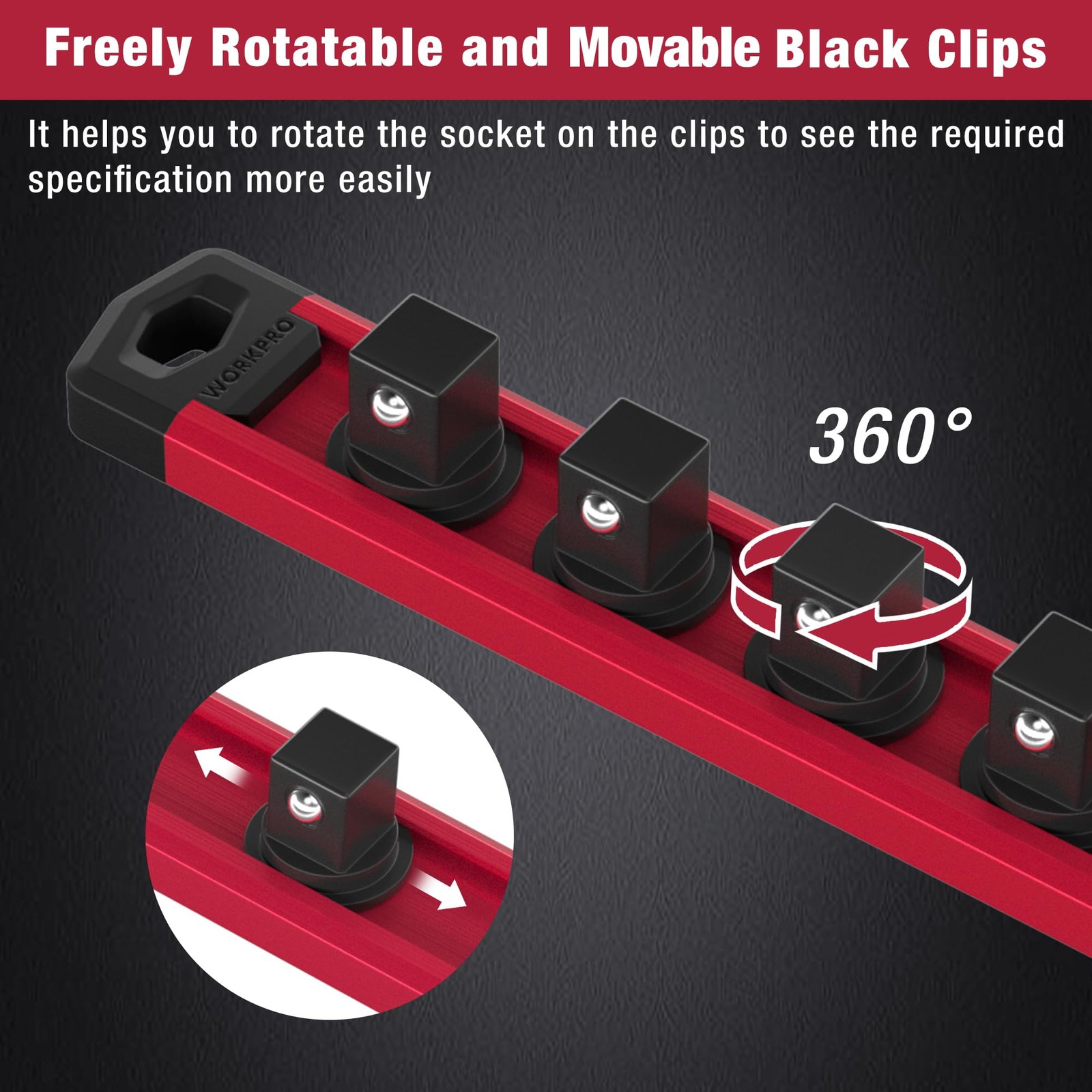 WORKPRO Magnetic Socket Organizer, 1/2-Inch Drive Aluminum Alloy 1/2″ DR, Red
