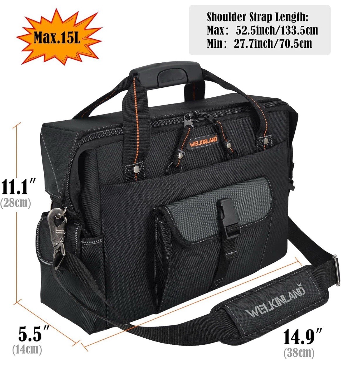 WELKINLAND 15-Pockets Electrician Tool Box Bag, Large – Open Black Orange