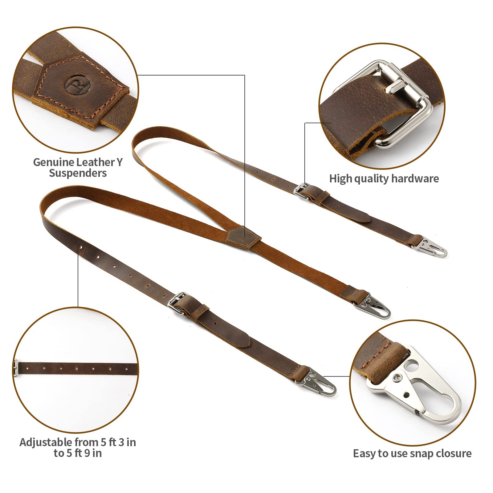 Ringsun Genuine Leather Suspenders for 5 ft 3 in. to 5 9 in, Dark Brown