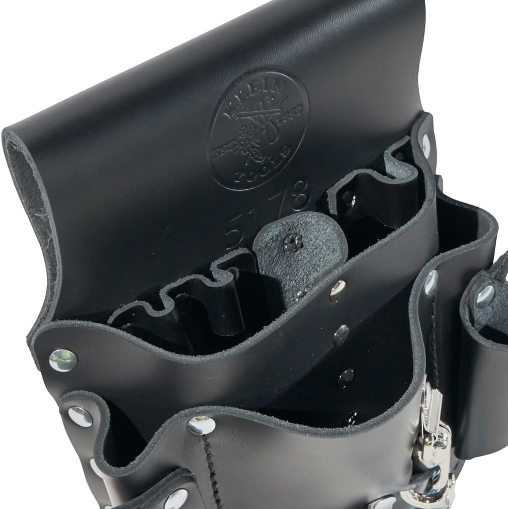 Klein Tools 5178 Leather Tool Pouch – 8 Pocket Black Organizer with Belt Loop