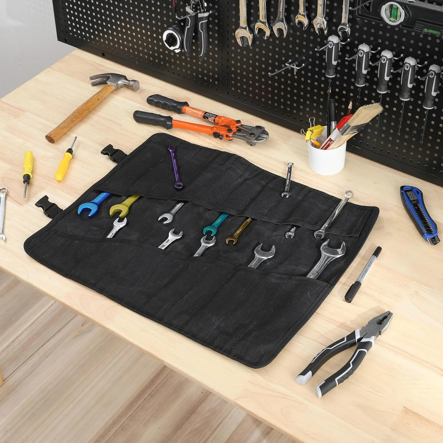 Wrench Roll, Heavy Duty 16oz Waxed Canvas Large Wrench Roll Up Pouch & Tool Bag