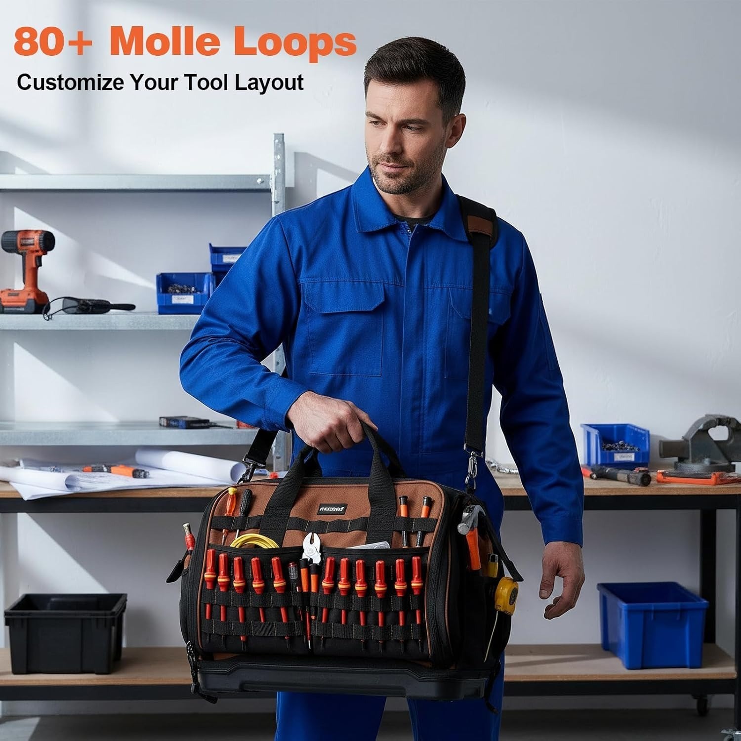20 Inch Heavy Duty Tool Bag for Electrician 80 Molle Loops 46 Pockets Waterproof