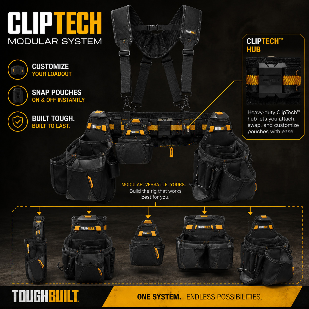 ToughBuilt TB-CT-101-5P Pro Contractor Tool Belt 5-Piece Rig Set w/ Suspenders