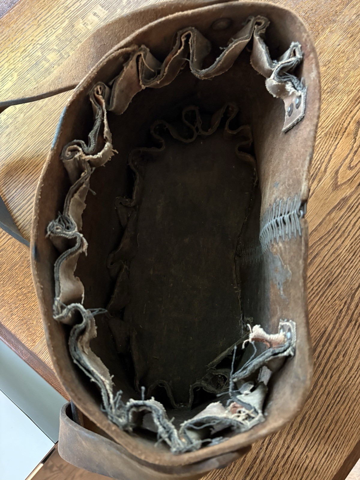 Early 20th century industrial riveted & stitched mechanic Leather Wood tool bag