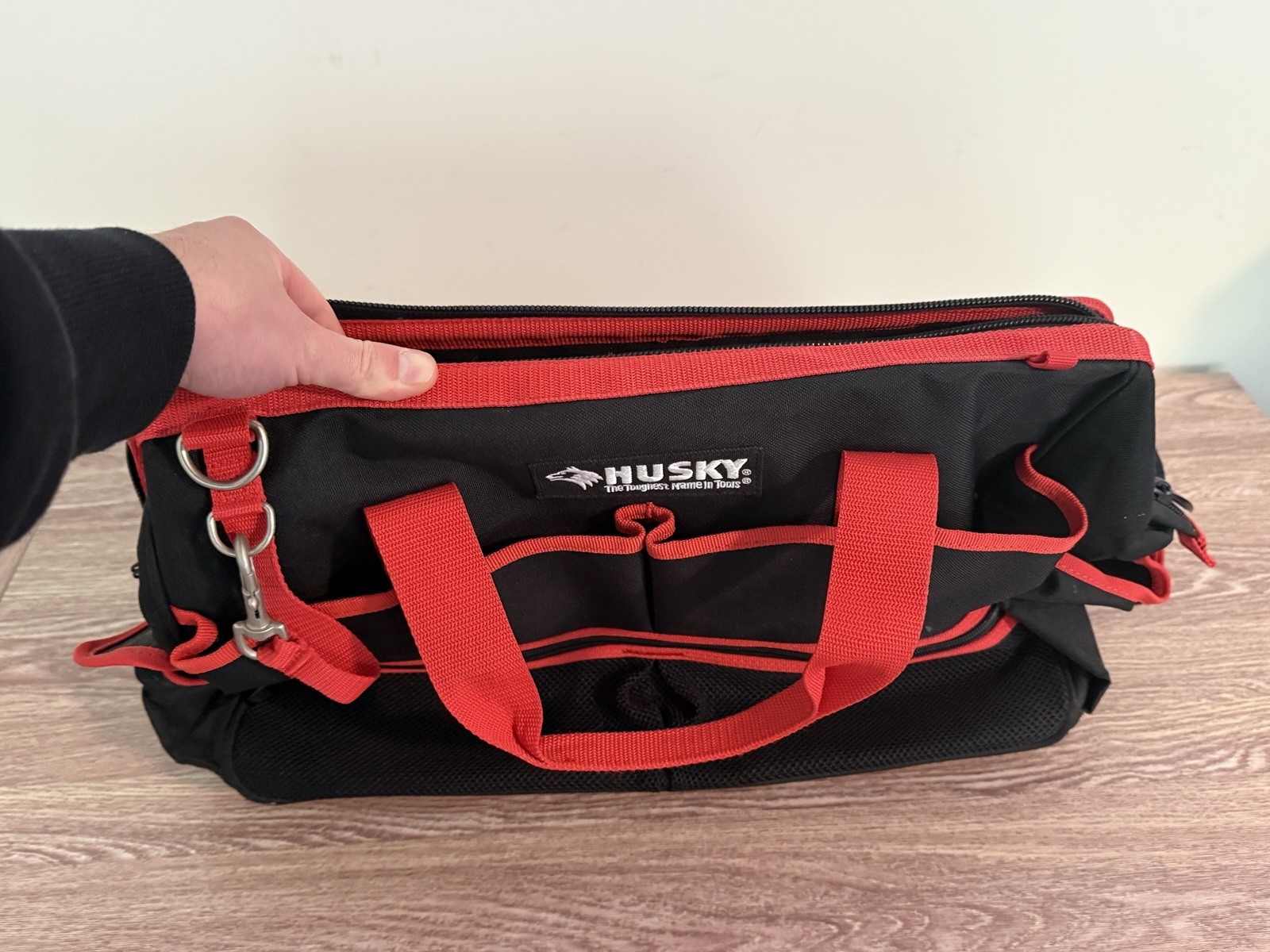 Husky 16 in. Large Mouth Tool Bag with Tool Wall Black And Red – Used