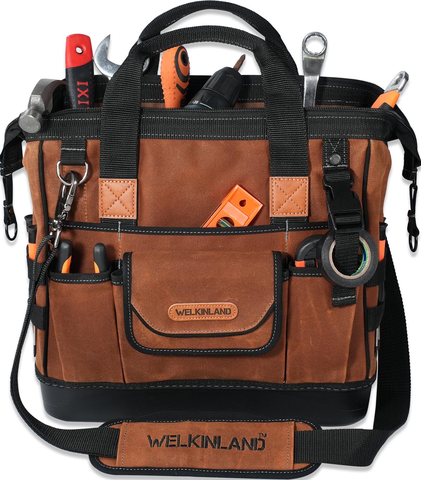 Welkinland 22-Pockets Hard Bottom Tool Bag 14-Inch Waxed Canvas Tools Bag 25L