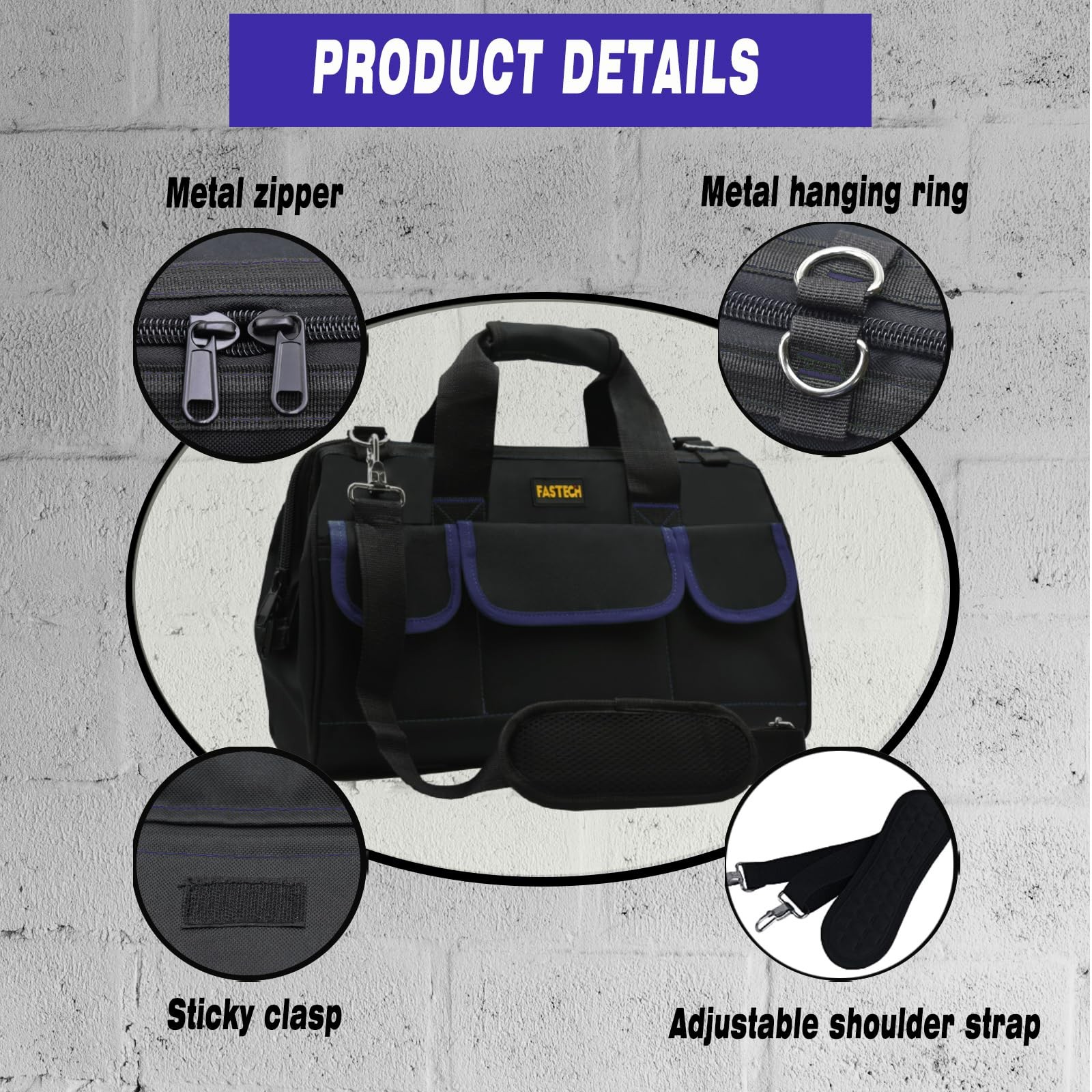 20 Inch Tool Bag Waterproof Wide Mouth Kit Heavy Duty Organizer Dark Blue