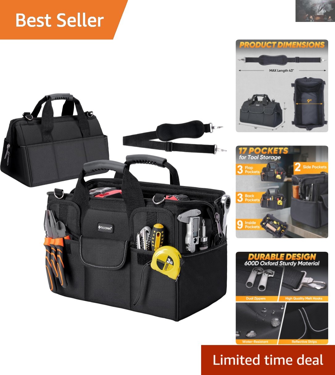 Durable 16″ Tool Storage Tote – Ergonomic Design with Reflective Safety Strips