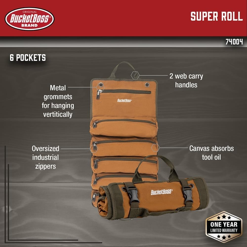 Functional Tool Roll with 6 Zippered Compartments for Organized Tool Transport