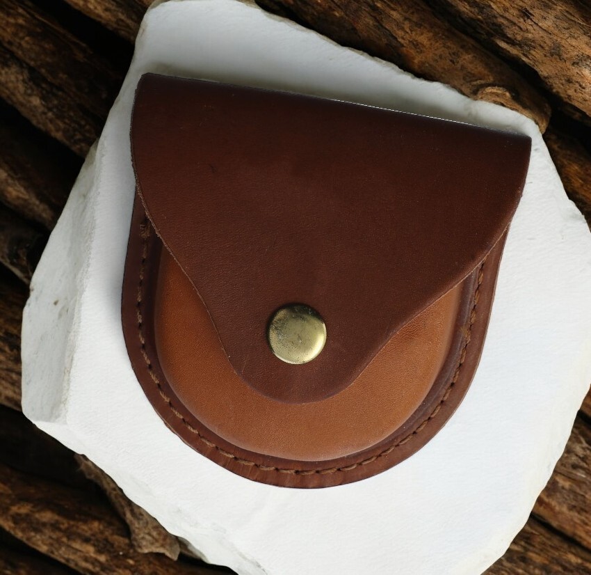 Leather Sheath Snap Button Round Circle Pouch Brown Leather High Quality Gift