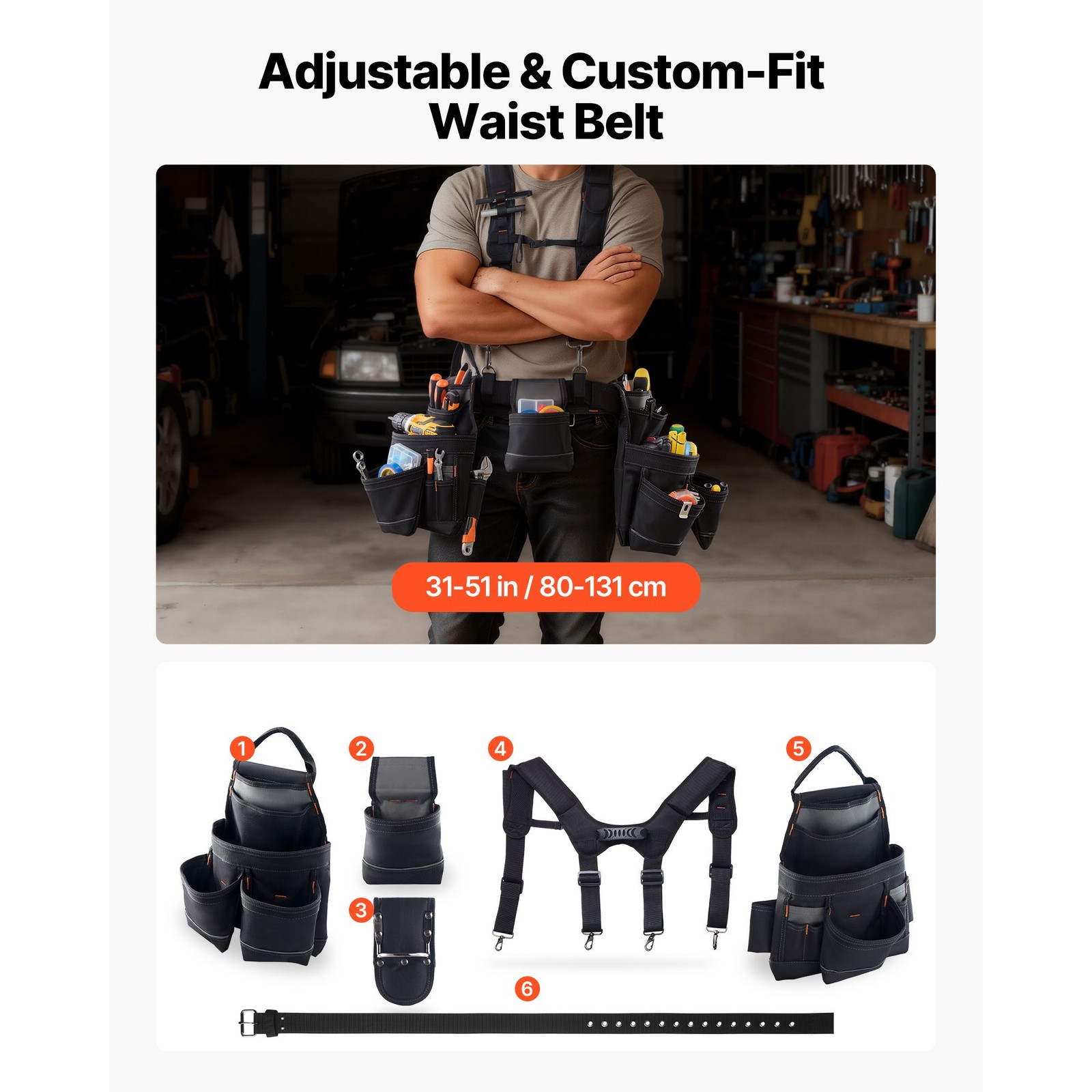Carpenter Tool Belt with 19 Pockets & Suspenders, 31-51in