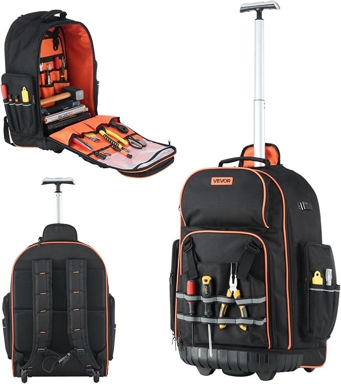 Rolling Tool Backpack with Wheels, 75 Pockets & Lock for Electricians