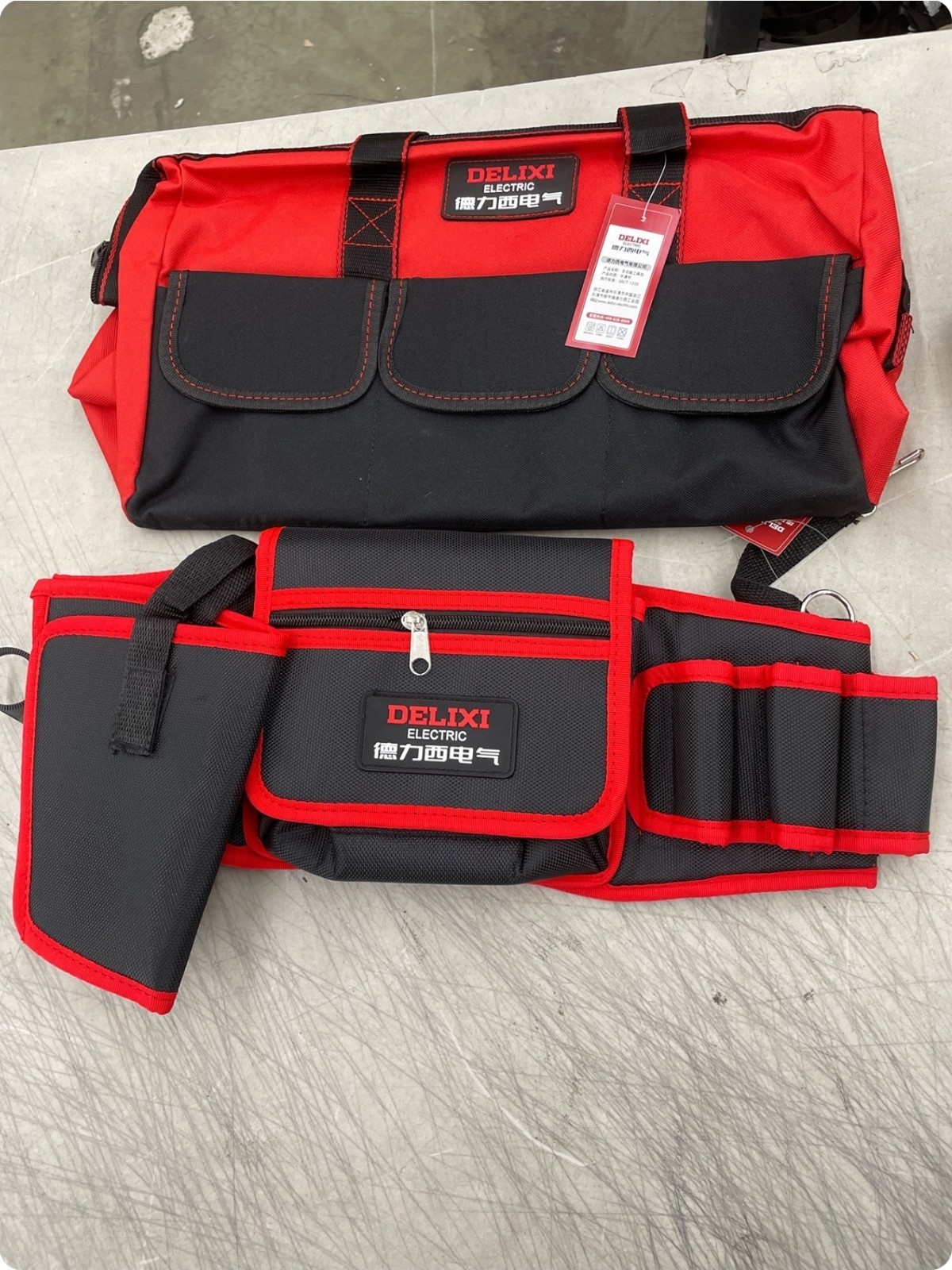DELIXI ELECTRIC Tool Bag and Tool Belt Set, Black Red Fabric, 2 Items