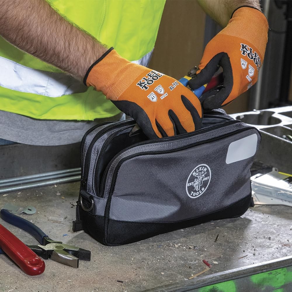 Klein Tools Tool Pouch, Dual Compartments, Heavy-Duty 12″ x 7″ | 1-Pack, Gray