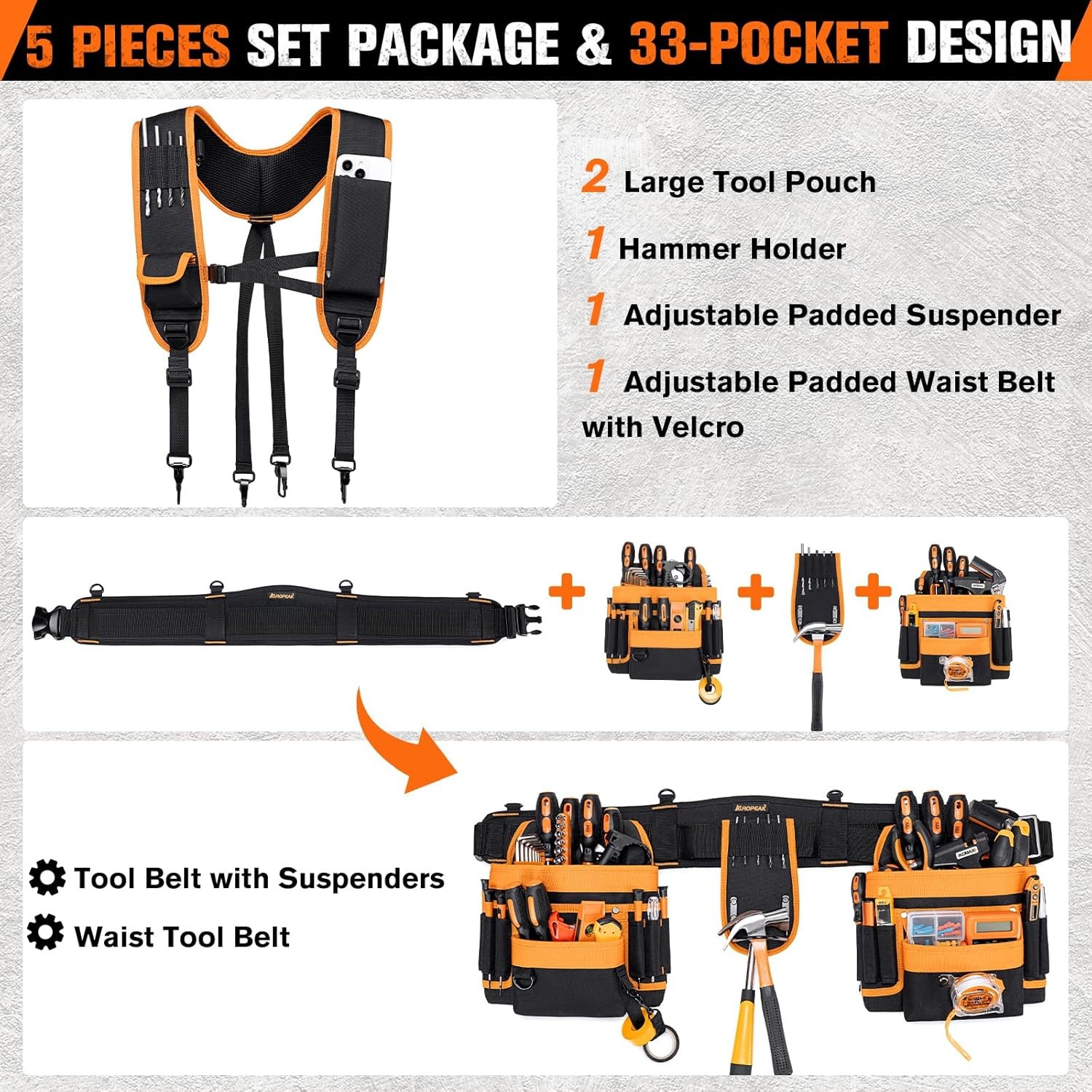 Auropeak 33-Pocket Modular Tool Belt w/ Suspenders (33″-48″ Waist)