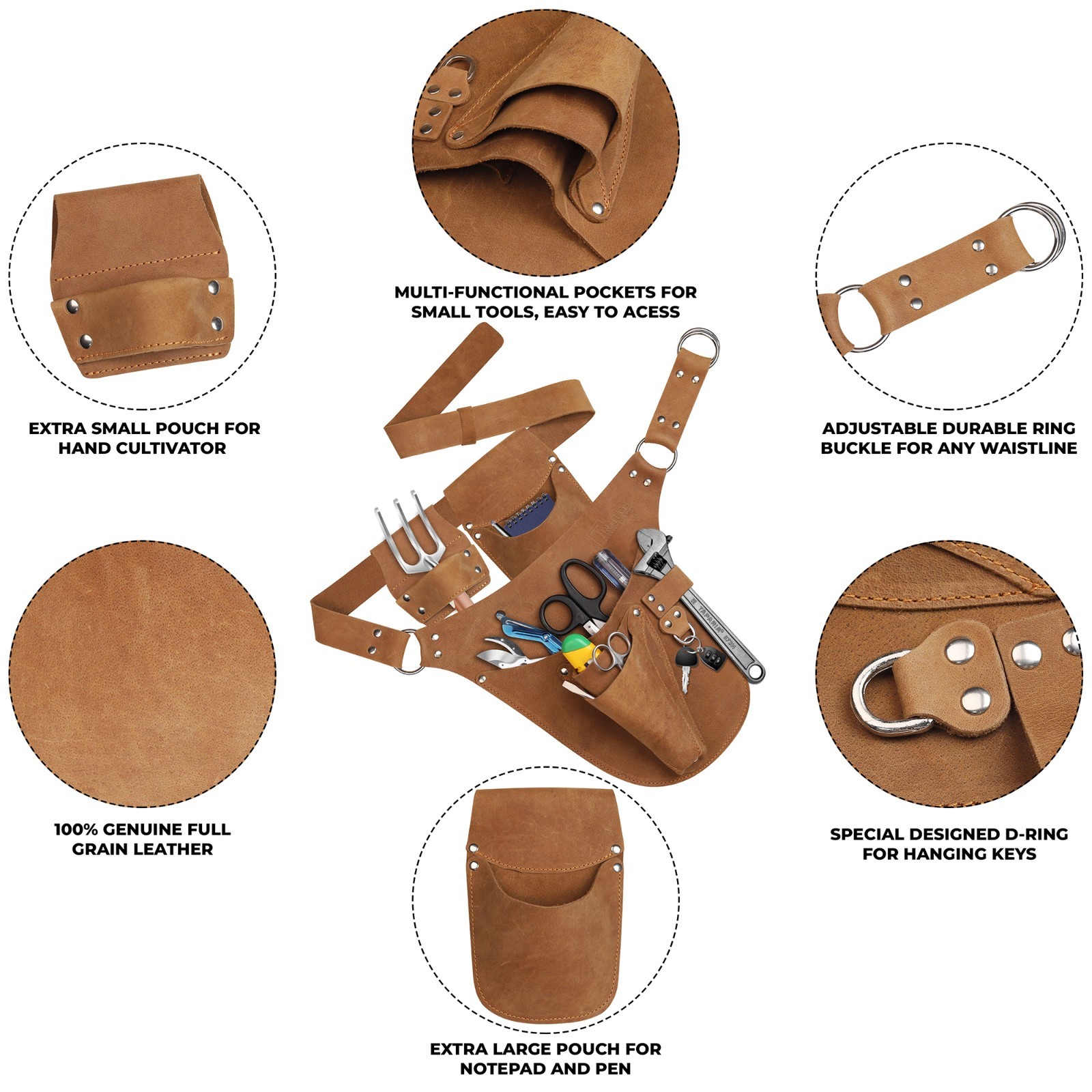 TRUTUCH Leather Garden Tool Belt for Men Women | Gardening Tool Pouch | Gardener