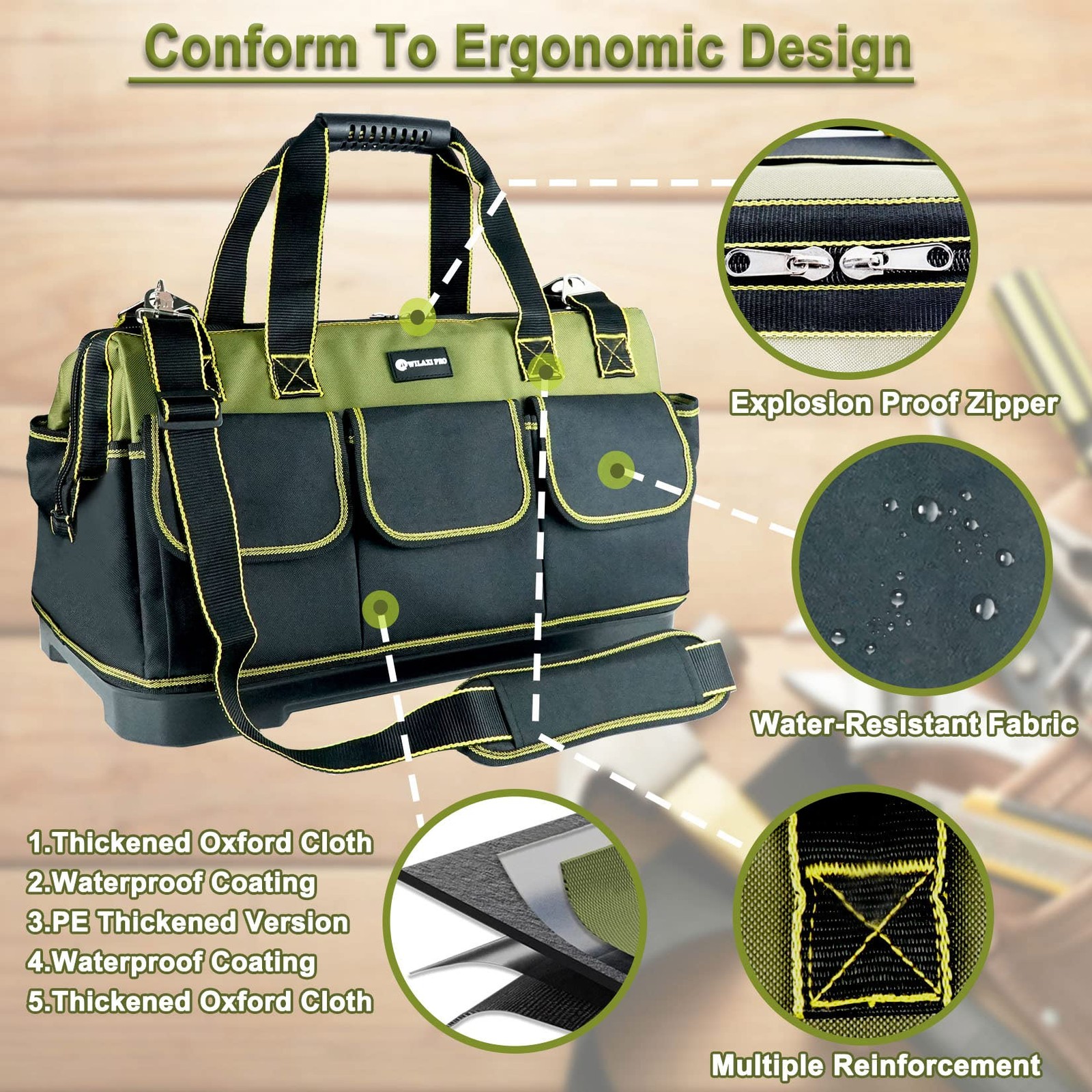 17 Inch Tool Bag For Men Heavy Duty Waterproof Molded Base Wide Mouth Pro