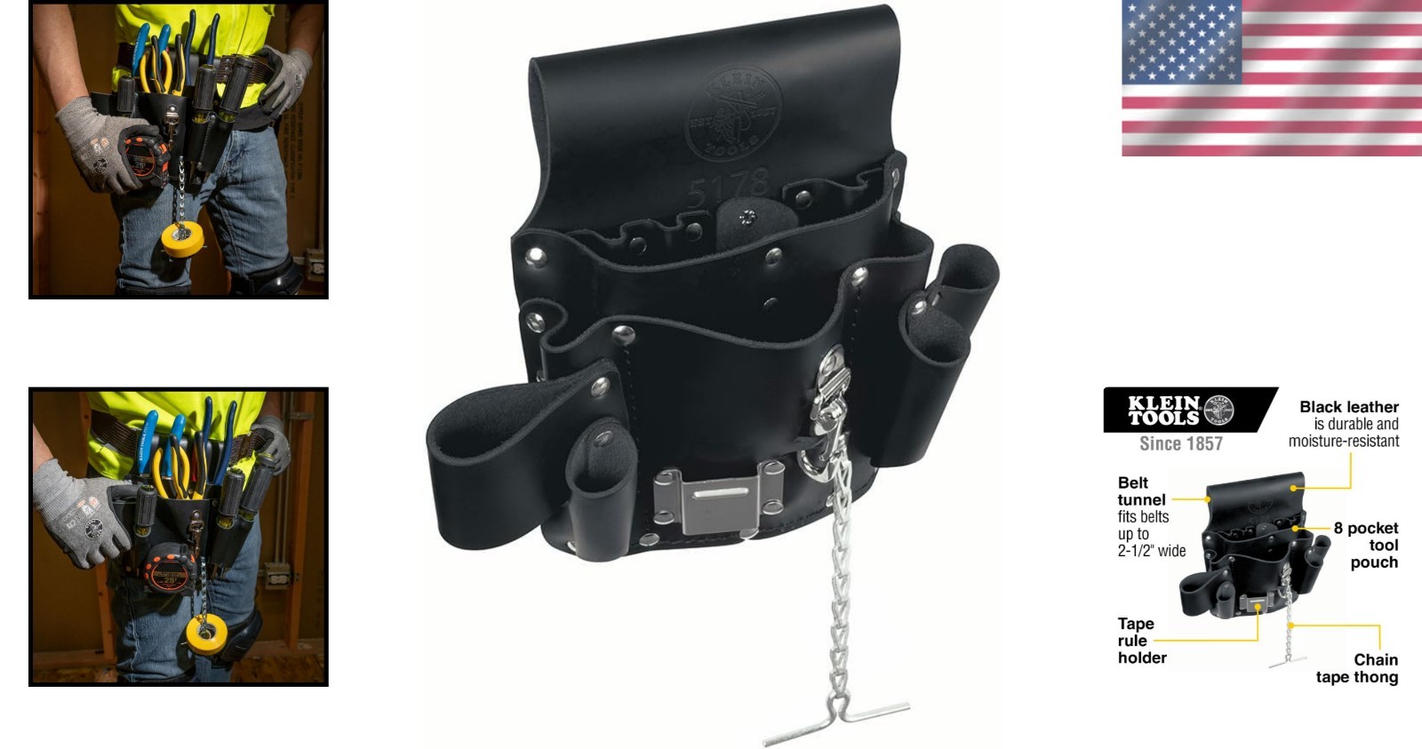 Klein Tools 5178 Leather Tool Pouch – 8 Pocket Black Organizer with Belt Loop