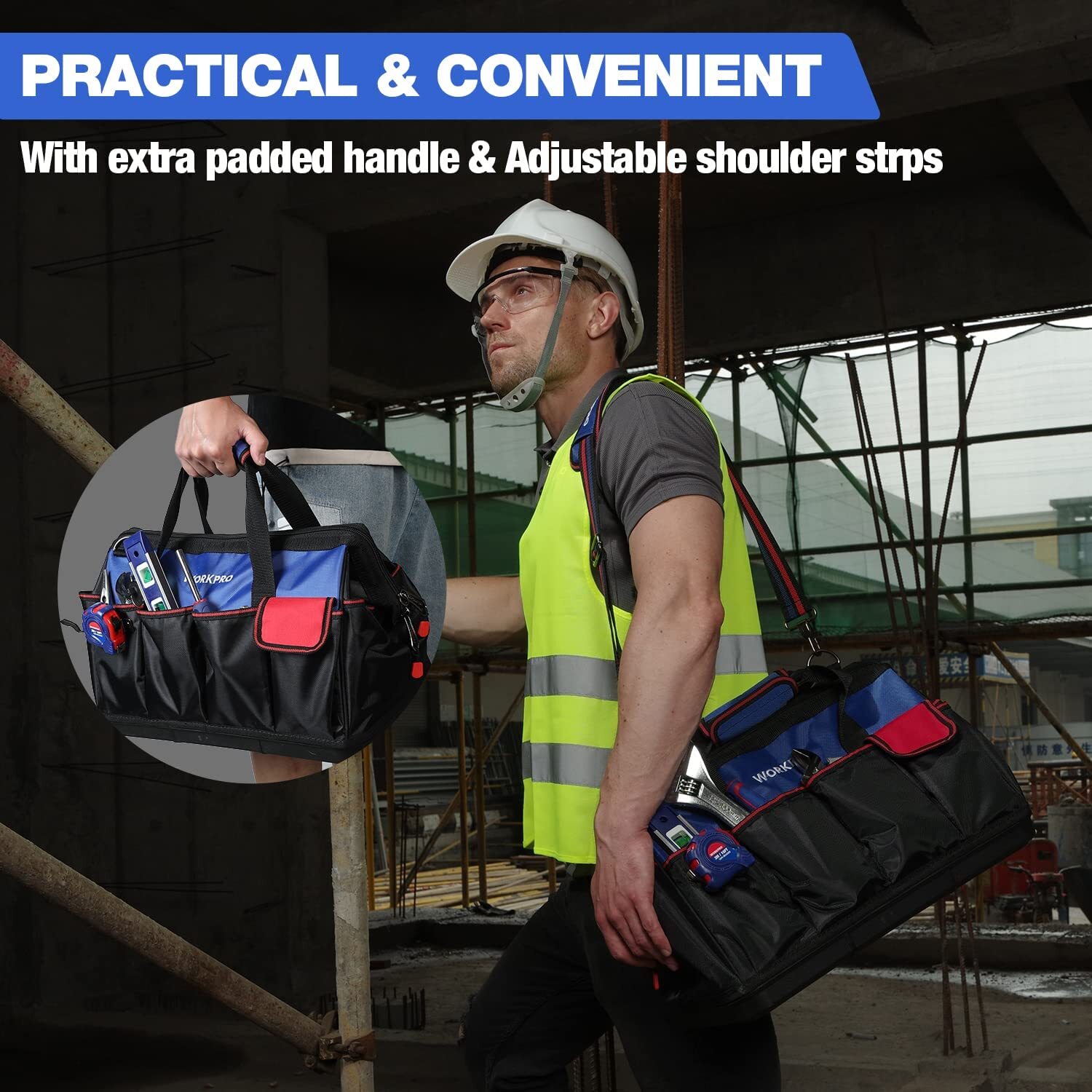 18″ Tool Bag Open Top Tool Organizer Bag with 20Pocket Adjustable Shoulder Strap