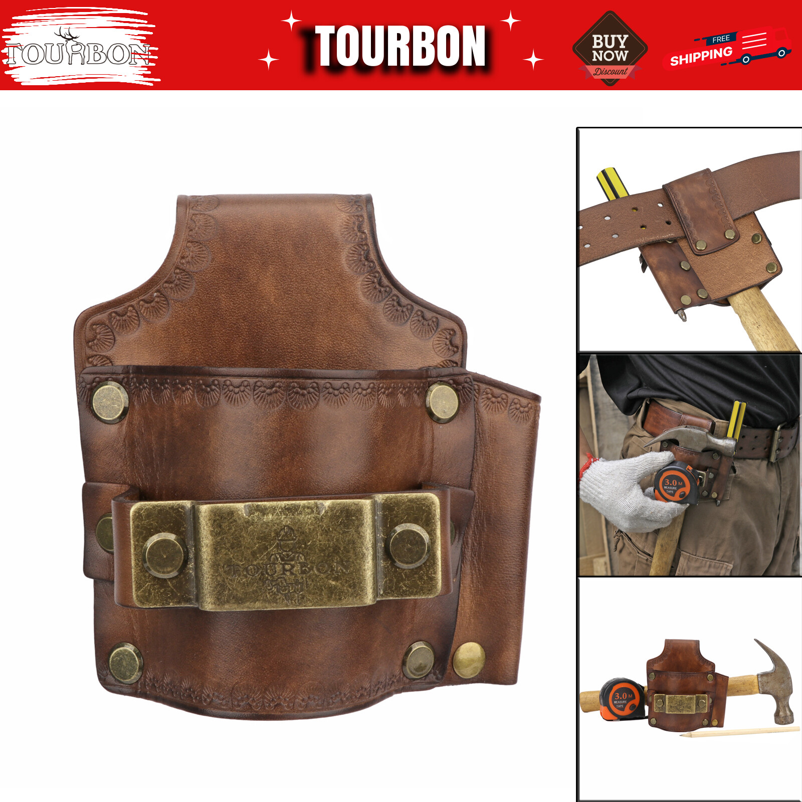 Leather 3-in-1 Tools Belt Carry Pouch Hammer Hanger Tape Measure Holder-TOURBON