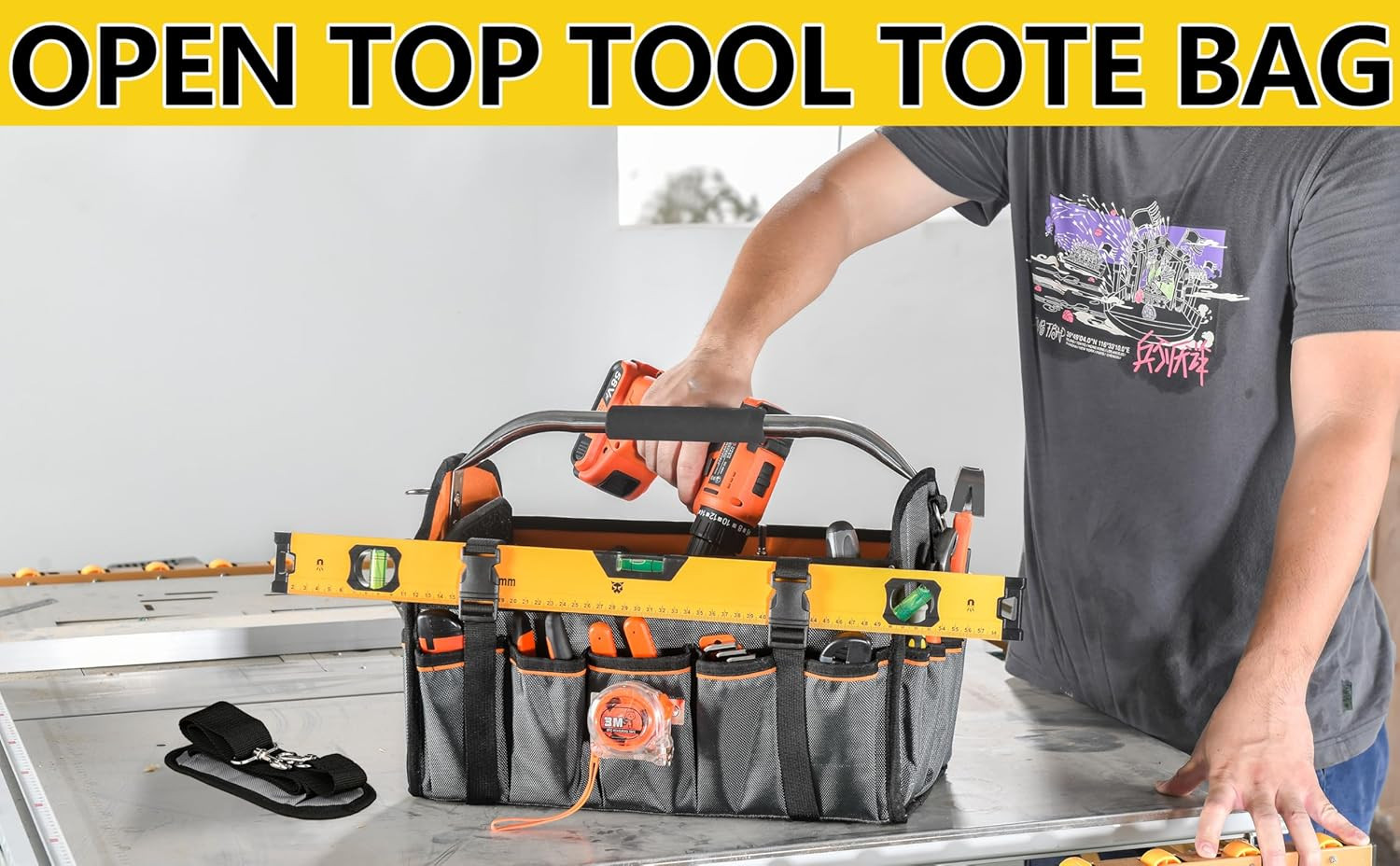 16 Inch Open Top Tool Bag, Thick 1680D Fabric, Foldable 29 Pockets Tool Tote Bag